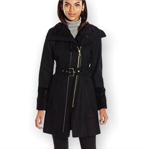 Guess Black Trench Coat Pea Coat Faux Fur Fitted Silhouette and High Collar #63